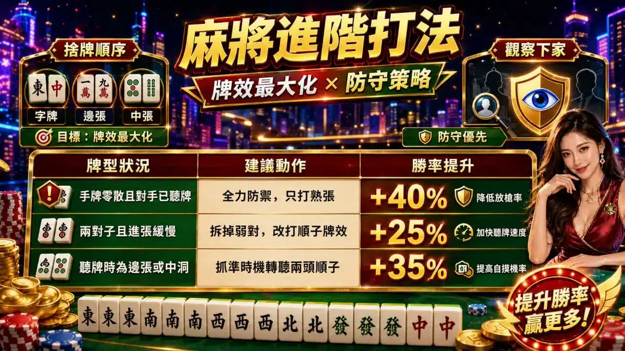 線上麻將進階技巧教學圖，整理牌效最大化、防守策略與聽牌判斷重點，幫助玩家提升實戰勝率。