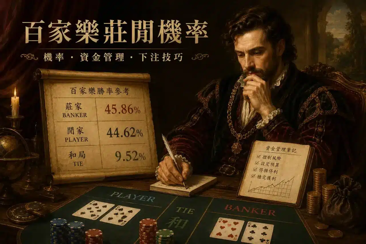 百家樂莊閒機率分析封面，呈現莊家45.86%、閒家44.62%與和局9.52%的勝率參考及資金管理觀念
