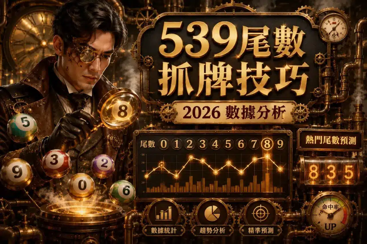 539尾數抓牌技巧封面圖，蒸氣龐克數據分析師觀察尾數0至9的趨勢圖、熱門尾數與歷史統計結果。