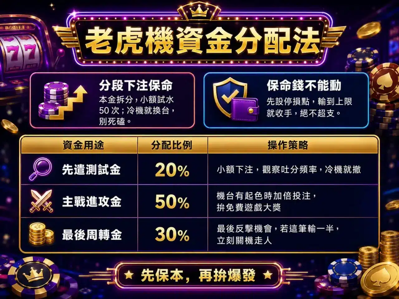 電子遊戲贏錢技巧資金分配圖，整理20%測試金、50%主戰金與30%周轉金，以及停損與分段下注觀念。