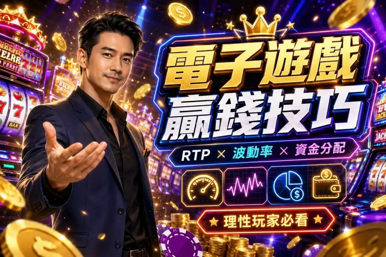 電子遊戲贏錢技巧攻略封面，呈現理性玩家、老虎機場景，以及RTP、波動率與資金分配3項分析重點。