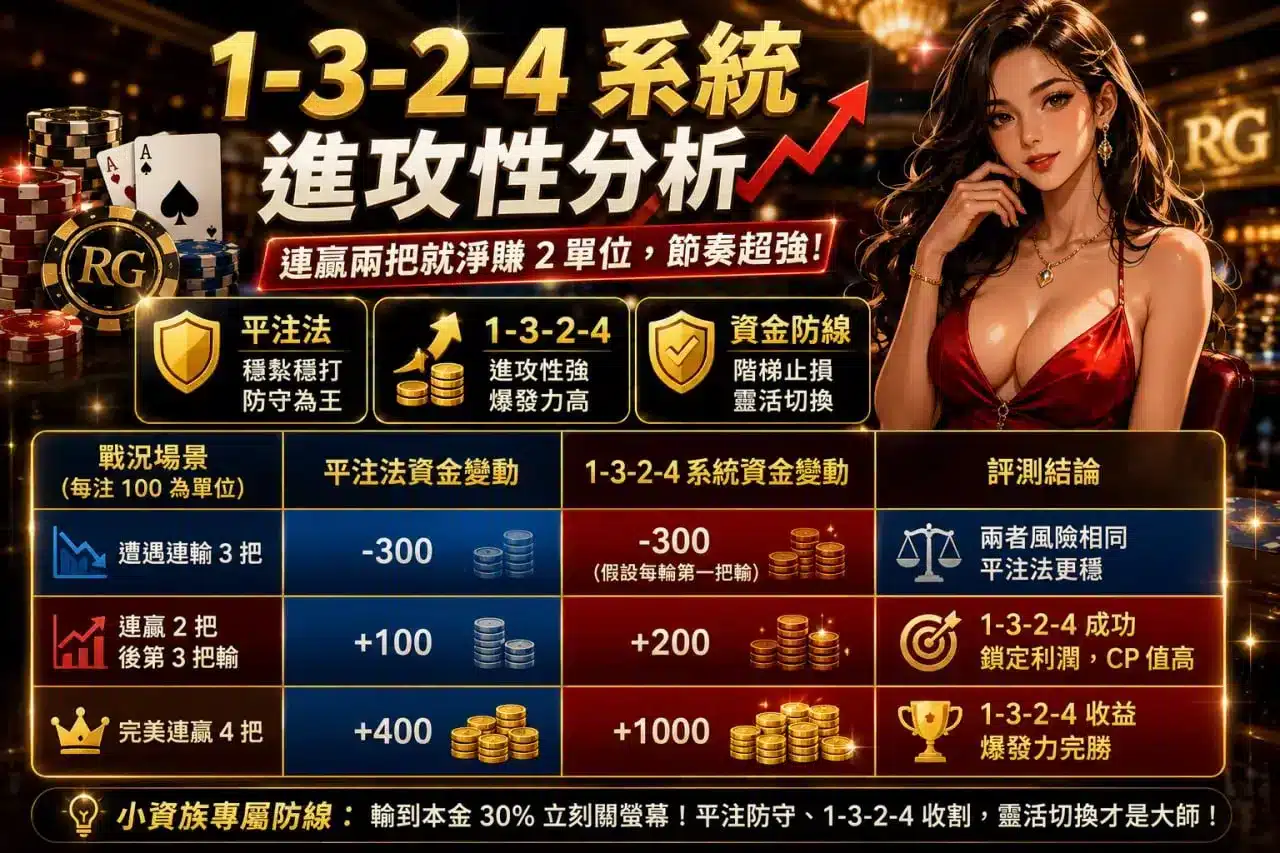 百家樂爆牌止損策略與1-3-2-4系統資金變動比較