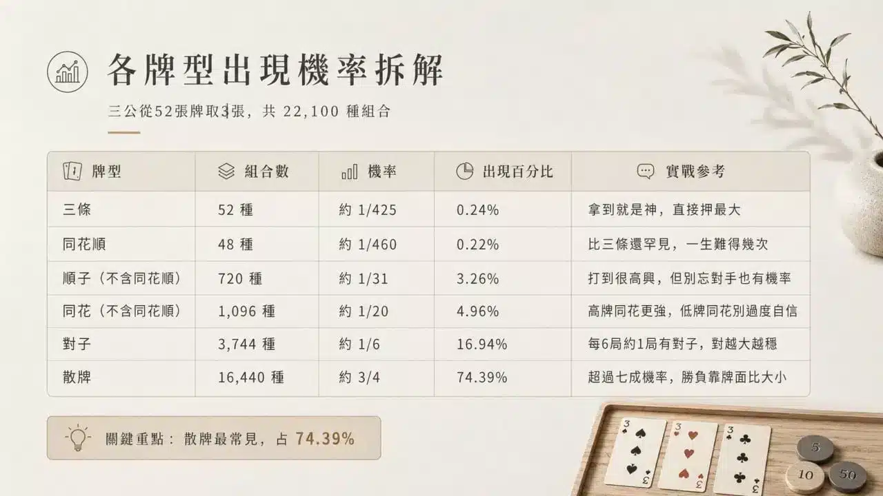 三公機率分析圖卡，整理三條、同花順、順子、對子與散牌等牌型出現機率