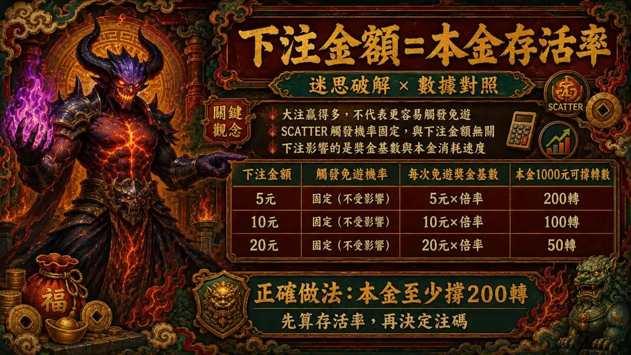 古神巴風特下注金額圖解，整理5元、10元、20元注額、本金可撐轉數與免遊觸發機率觀念