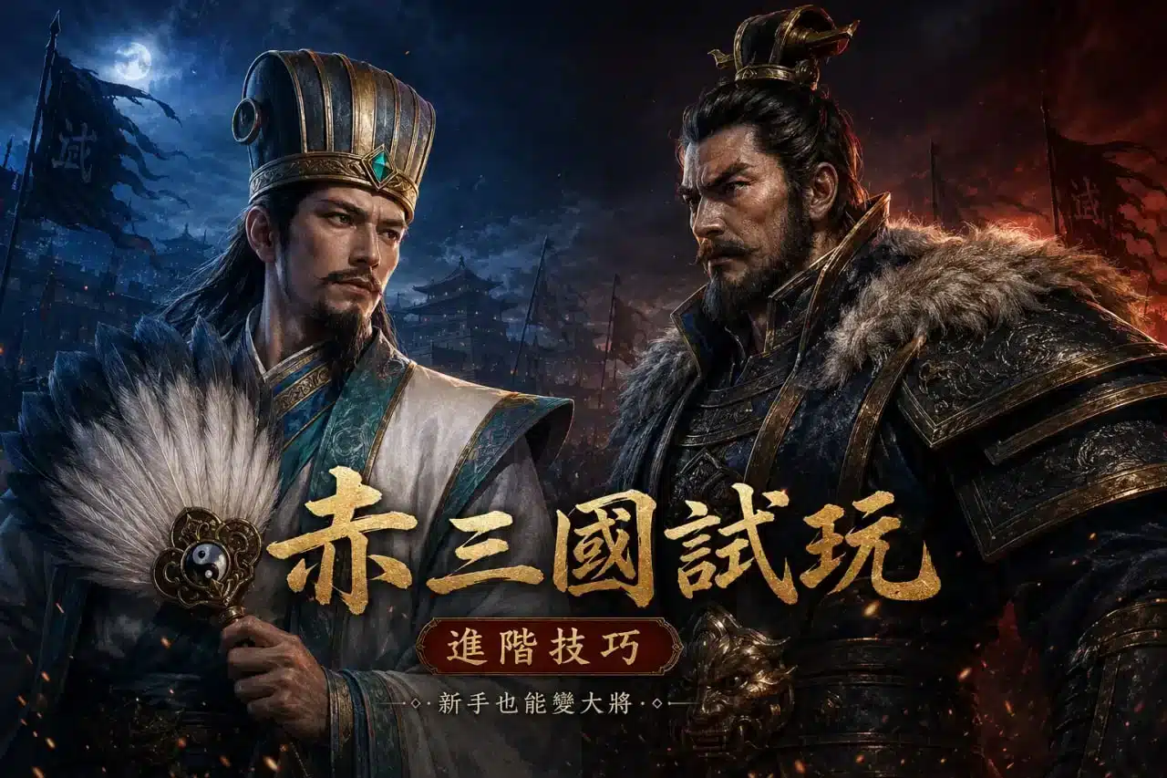 赤三國試玩主視覺，展示三國名將角色與ATG赤三國進階技巧，介紹免費試玩與新手教學重點。