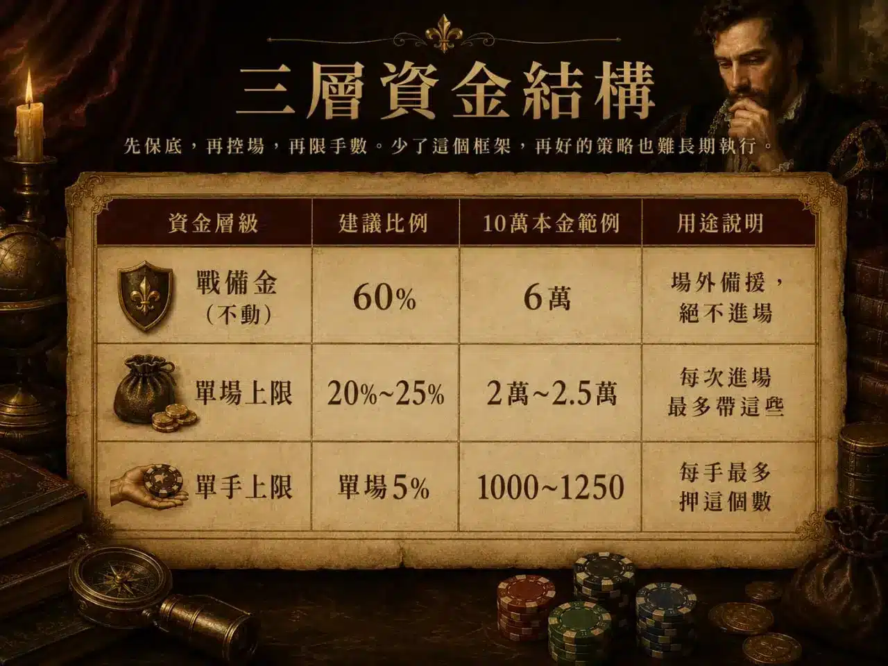 百家樂莊閒機率資金管理圖，整理戰備金、單場上限與單手注額的三層資金配置方式
