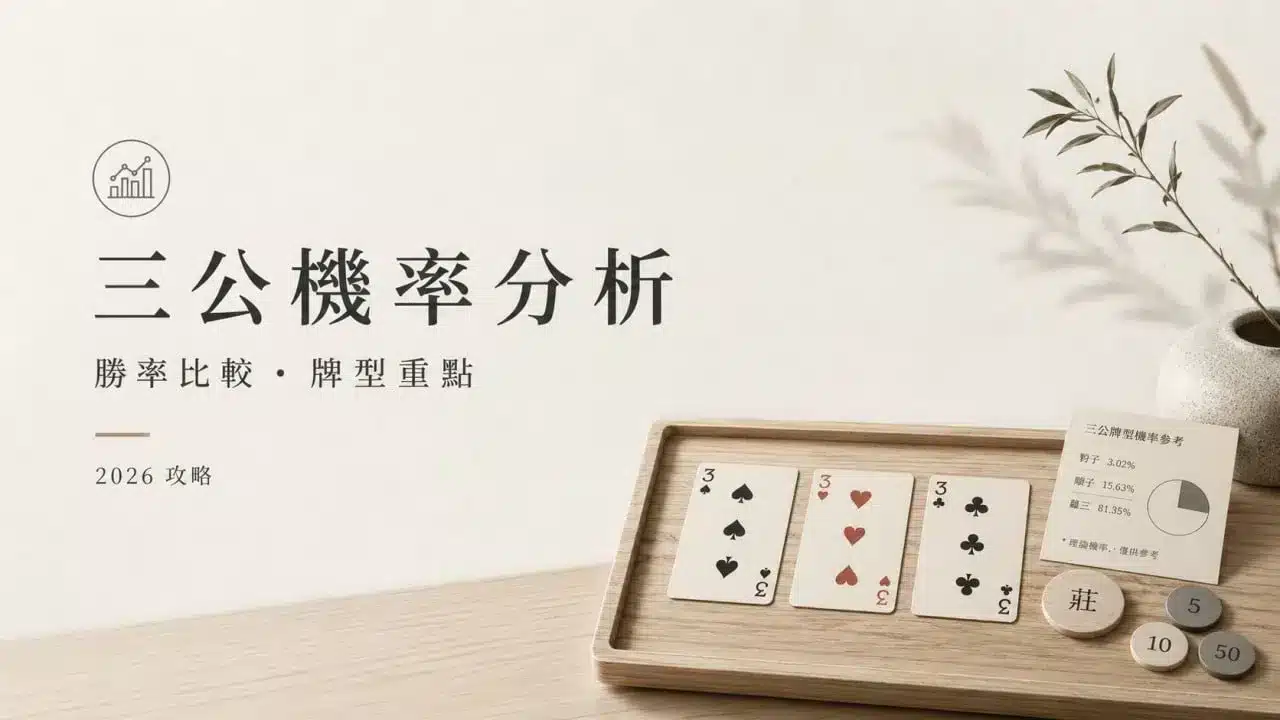 三公機率分析封面圖，呈現牌型勝率比較、三張3牌面與2026攻略重點