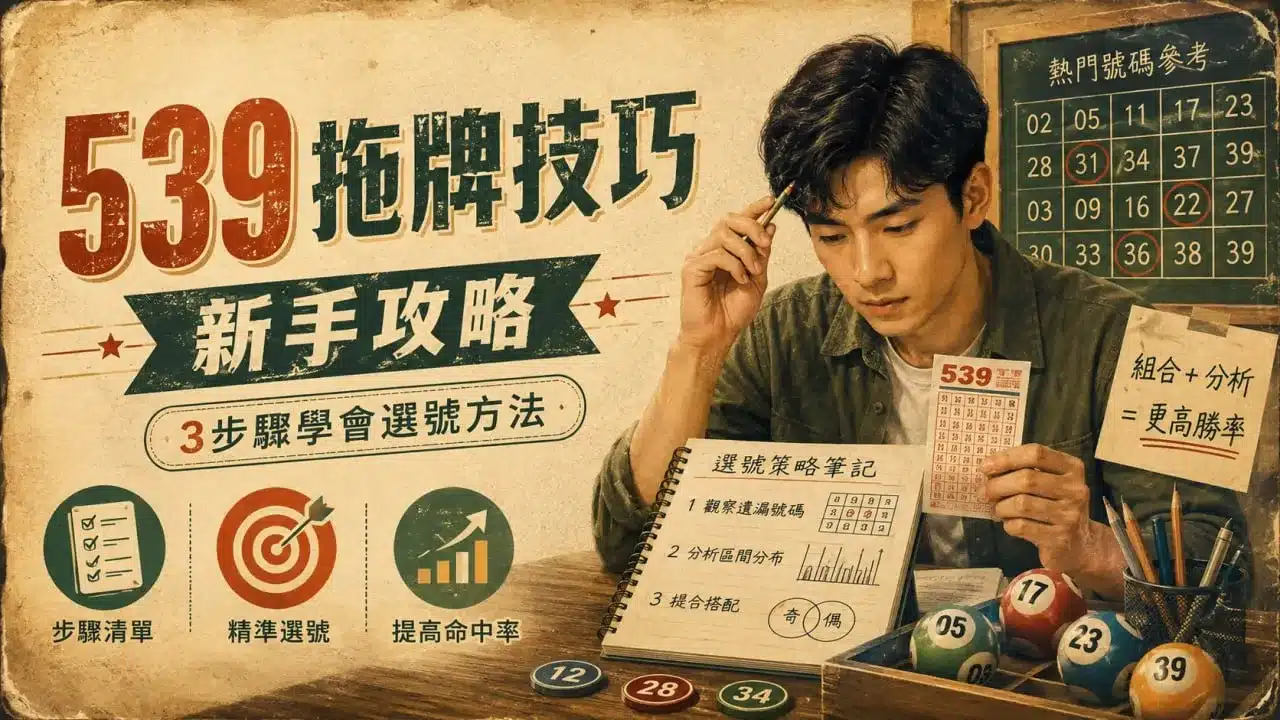539拖牌技巧新手攻略封面，搭配今彩539選號筆記、號碼分析與拖牌步驟示意