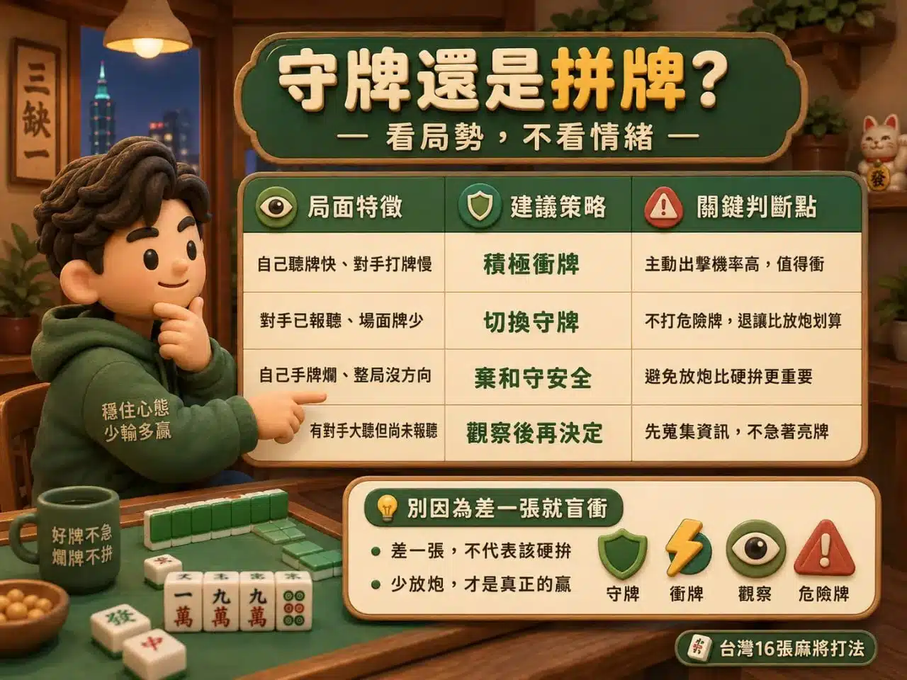 台灣16張麻將打法守牌與拚牌判斷圖，整理局面觀察、衝牌、守牌與危險牌四大實戰重點